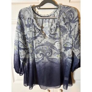 Sonoma Goods For Life Womens XL Paisley Ombre Chiffon Blouse Blue 3/4 Sleeve Top